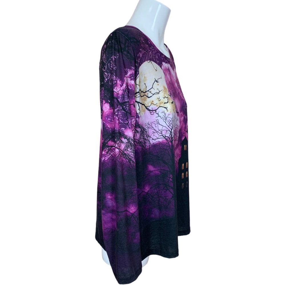 Holiday Traditions Purple Spooky Witch on a Broom Full Moon Long Sleeve Top XL - Picture 4 of 9